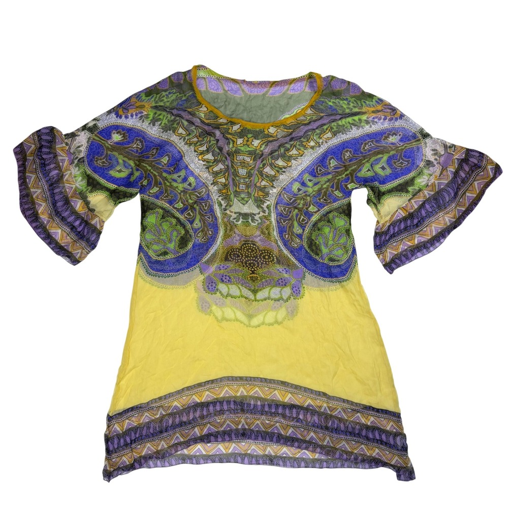 Sheer Cabi Boho Paisley Y2K Womens Flutter Sleeve Tunic Yellow Silk